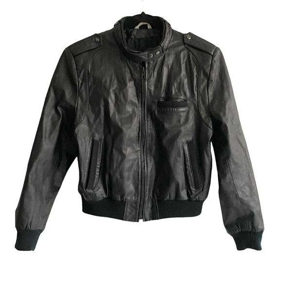 Ada Black Leather Zip Front Long Sleeve Moto Bomber Jacket M - Picture 2 of 9